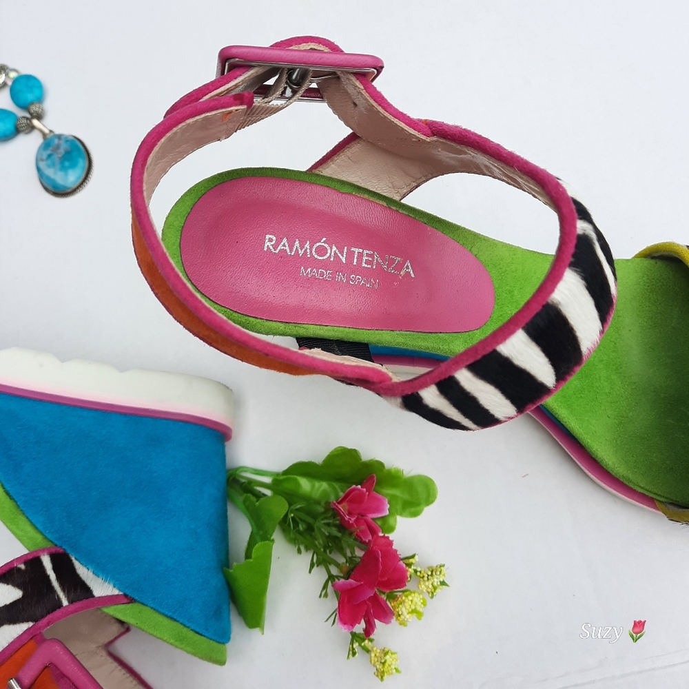 RAMÓN TENZA Colourful Leather & Suede Wedge Platform Sandals